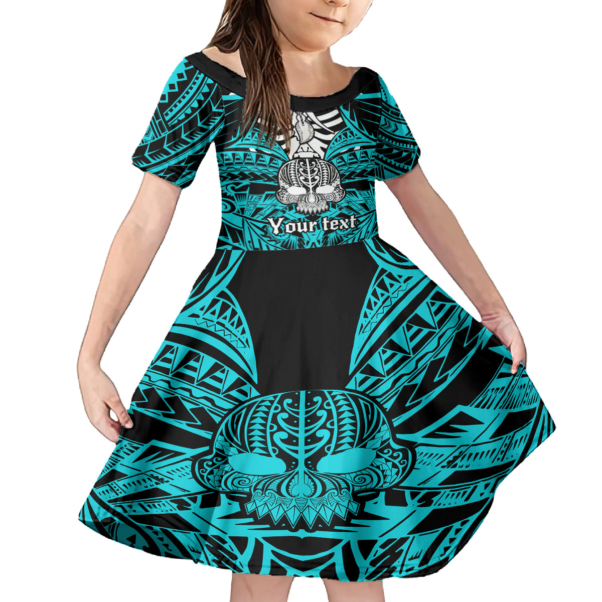 Personalised Polynesia Skull Kid Short Sleeve Dress With Boars Tusk Aqua Arty Vibe LT9 KID Aqua - Polynesian Pride