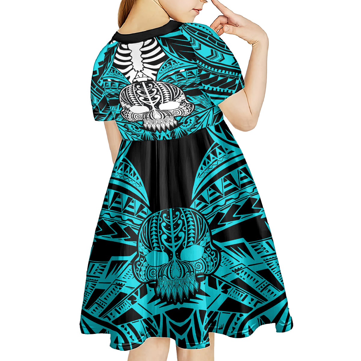 Personalised Polynesia Skull Kid Short Sleeve Dress With Boars Tusk Aqua Arty Vibe LT9 - Polynesian Pride