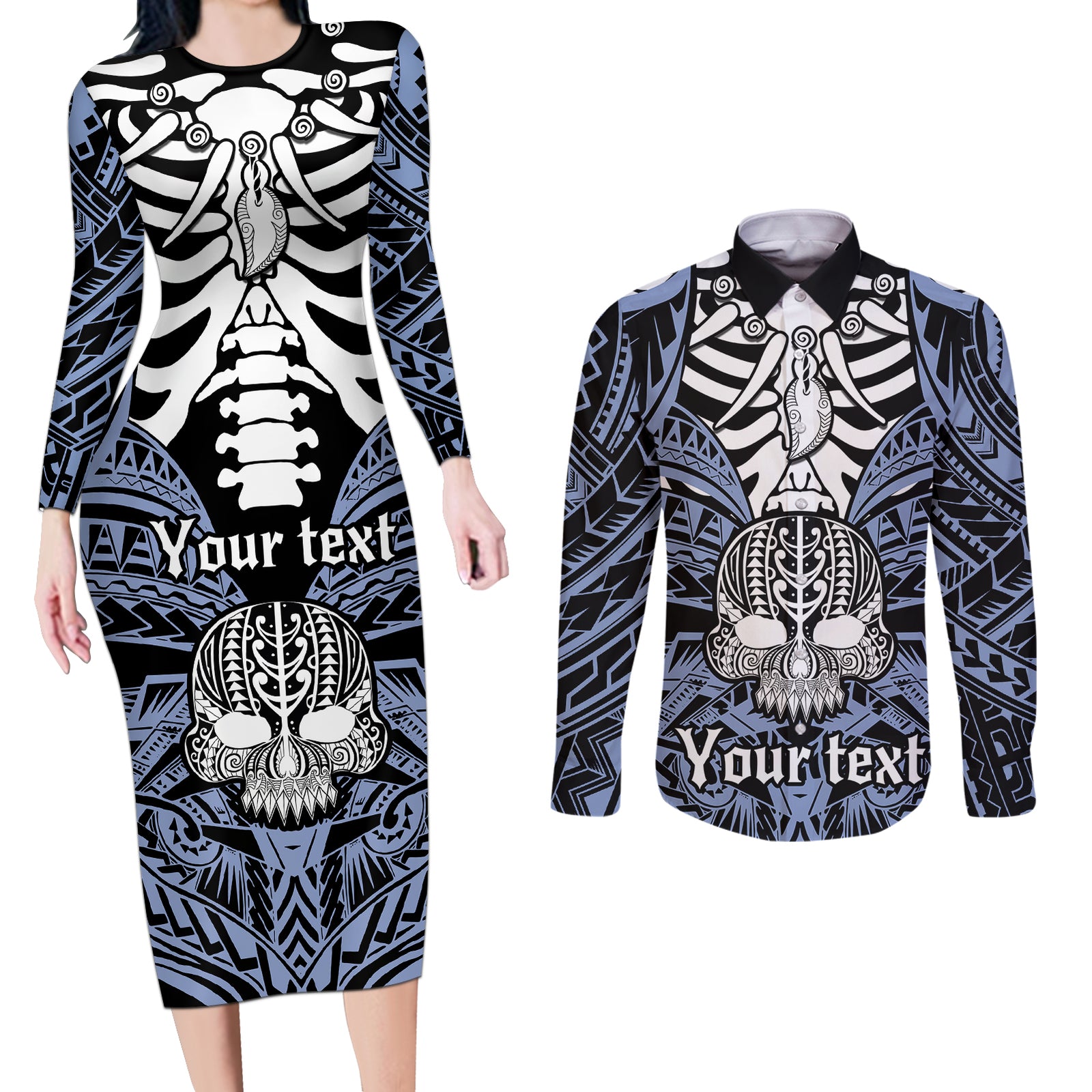 personalised-polynesia-skull-couples-matching-long-sleeve-bodycon-dress-and-long-sleeve-button-shirts-with-boars-tusk-blue-arty-vibe
