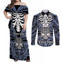 personalised-polynesia-skull-couples-matching-off-shoulder-maxi-dress-and-long-sleeve-button-shirts-with-boars-tusk-blue-arty-vibe