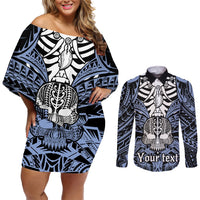 personalised-polynesia-skull-couples-matching-off-shoulder-short-dress-and-long-sleeve-button-shirts-with-boars-tusk-blue-arty-vibe