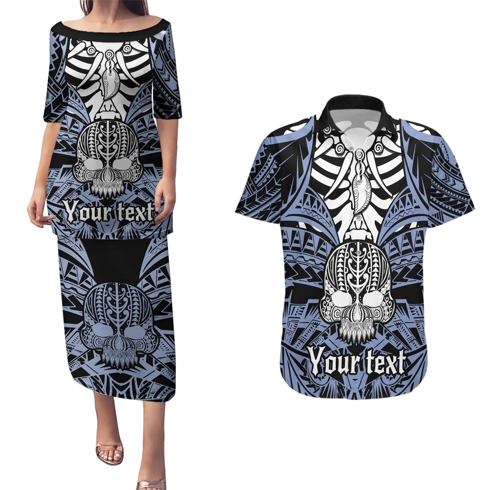 personalised-polynesia-skull-couples-matching-puletasi-dress-and-hawaiian-shirt-with-boars-tusk-blue-arty-vibe