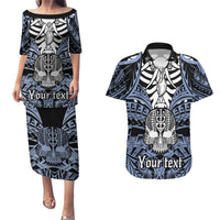 personalised-polynesia-skull-couples-matching-puletasi-dress-and-hawaiian-shirt-with-boars-tusk-blue-arty-vibe