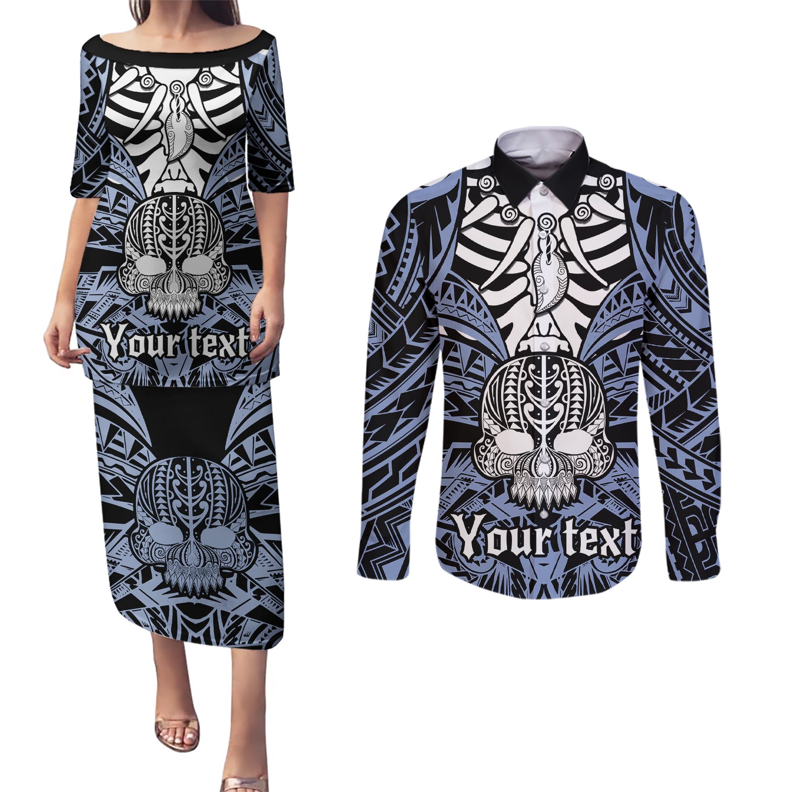 personalised-polynesia-skull-couples-matching-puletasi-dress-and-long-sleeve-button-shirts-with-boars-tusk-blue-arty-vibe