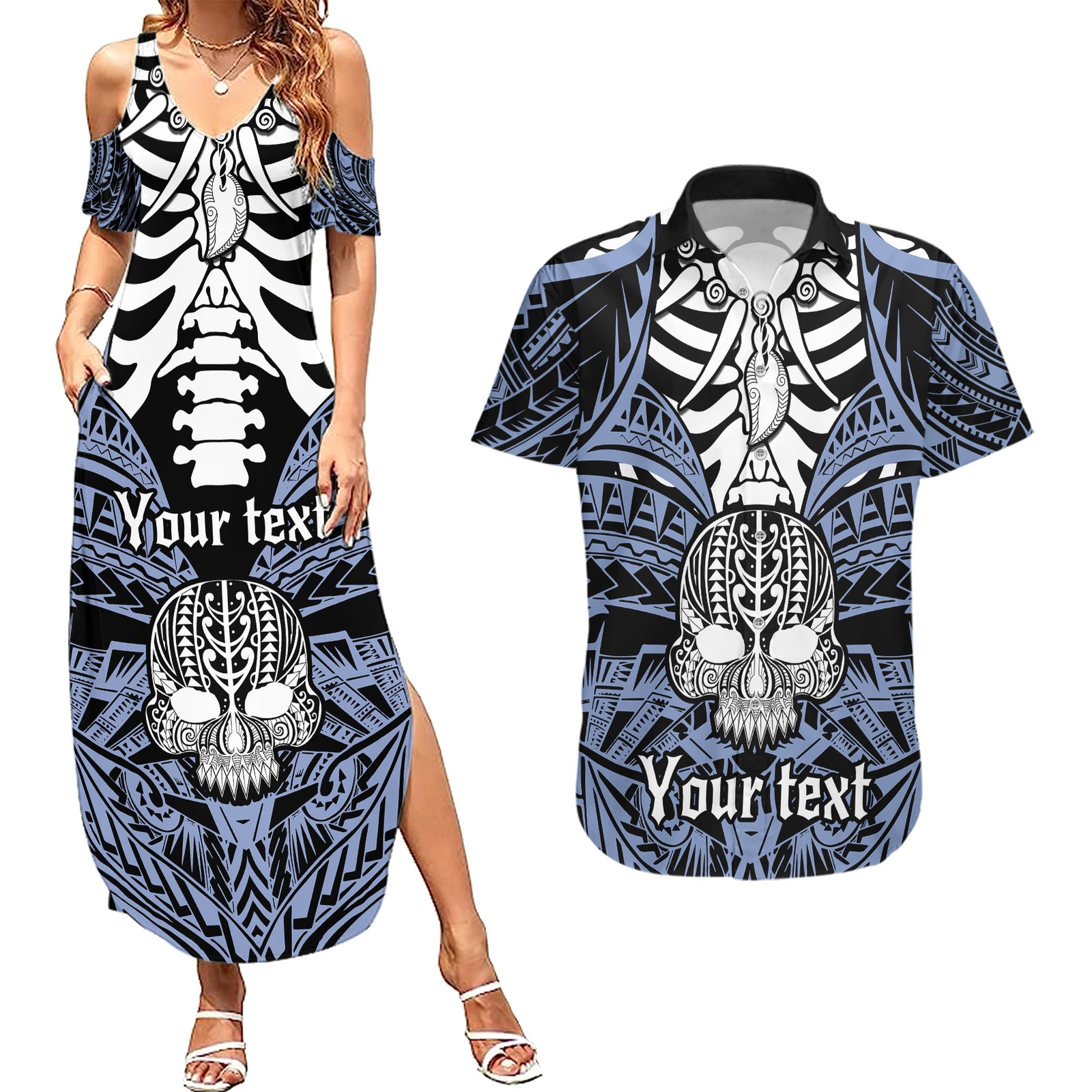 personalised-polynesia-skull-couples-matching-summer-maxi-dress-and-hawaiian-shirt-with-boars-tusk-blue-arty-vibe