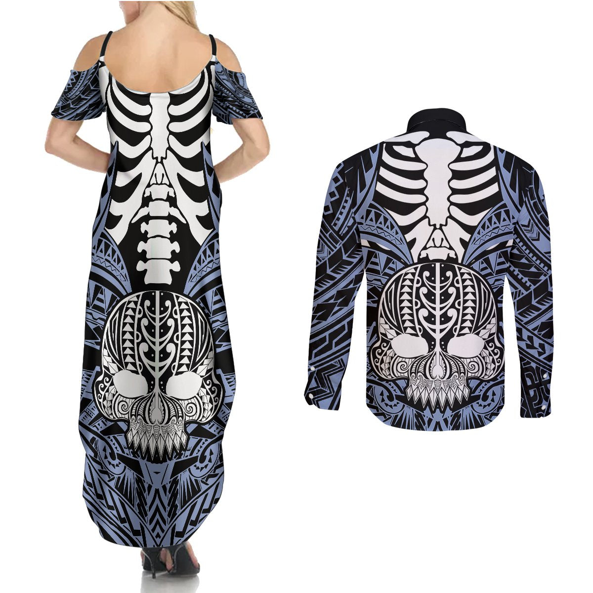 personalised-polynesia-skull-couples-matching-summer-maxi-dress-and-long-sleeve-button-shirts-with-boars-tusk-blue-arty-vibe