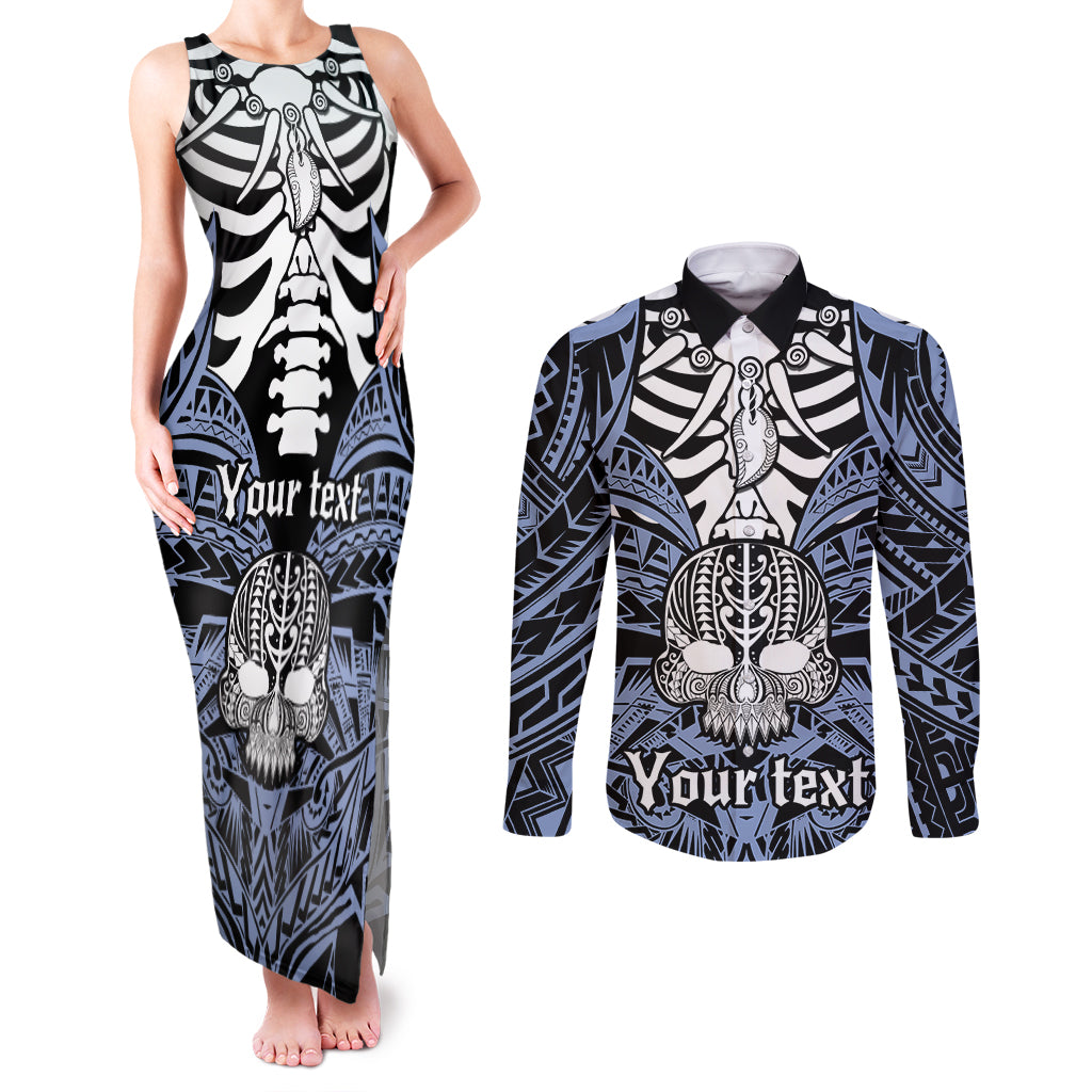personalised-polynesia-skull-couples-matching-tank-maxi-dress-and-long-sleeve-button-shirts-with-boars-tusk-blue-arty-vibe