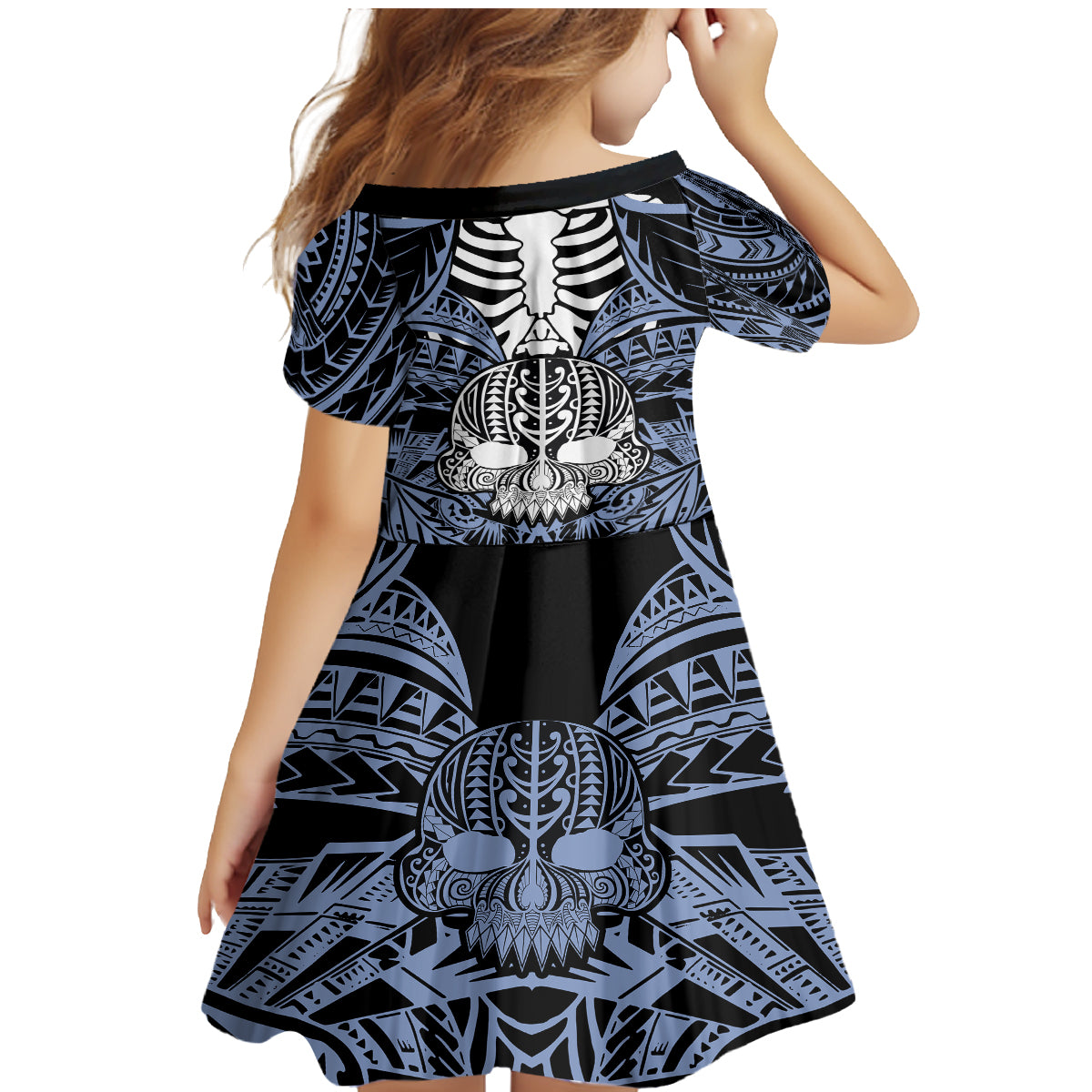 personalised-polynesia-skull-family-matching-mermaid-dress-and-hawaiian-shirt-with-boars-tusk-blue-arty-vibe