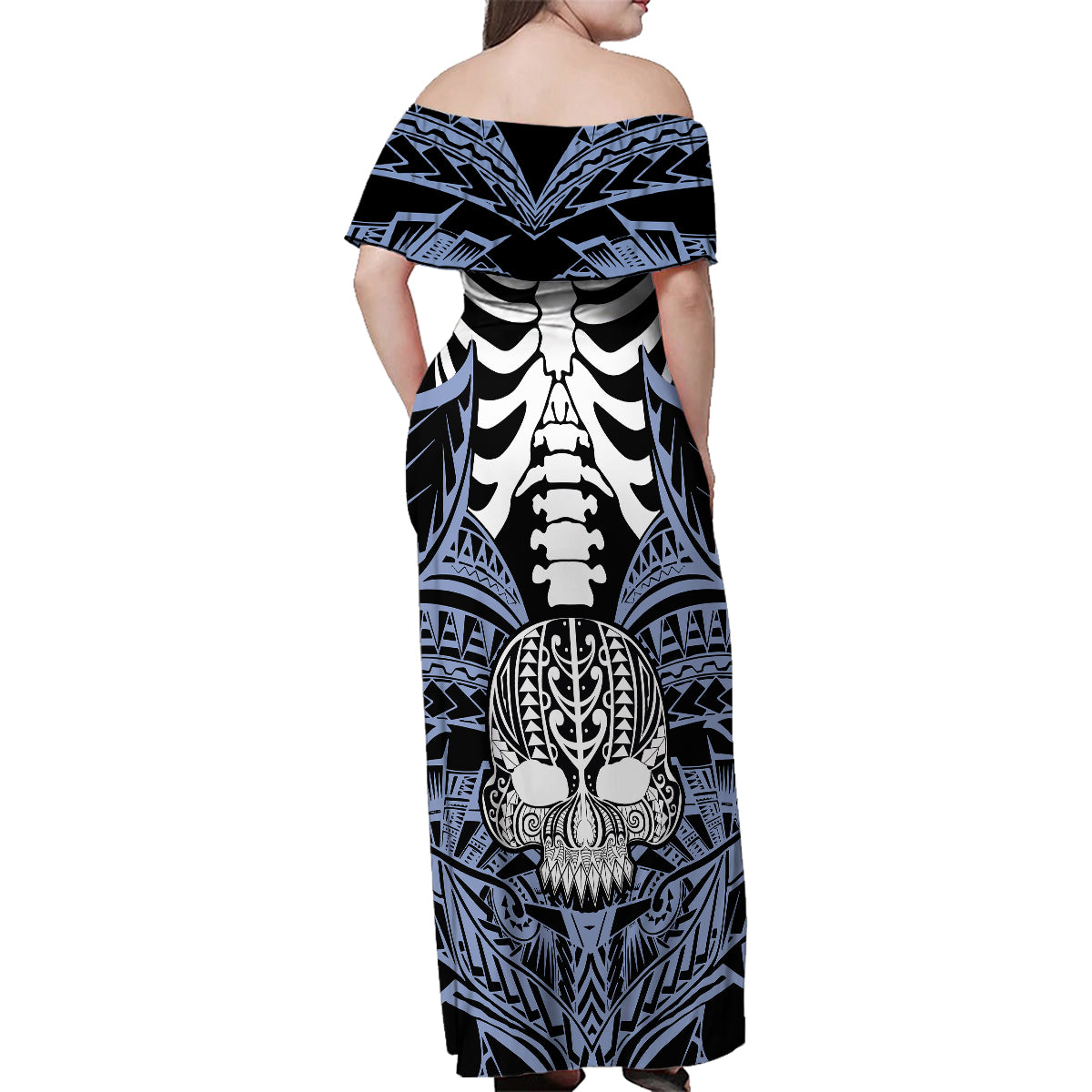personalised-polynesia-skull-family-matching-off-shoulder-maxi-dress-and-hawaiian-shirt-with-boars-tusk-blue-arty-vibe