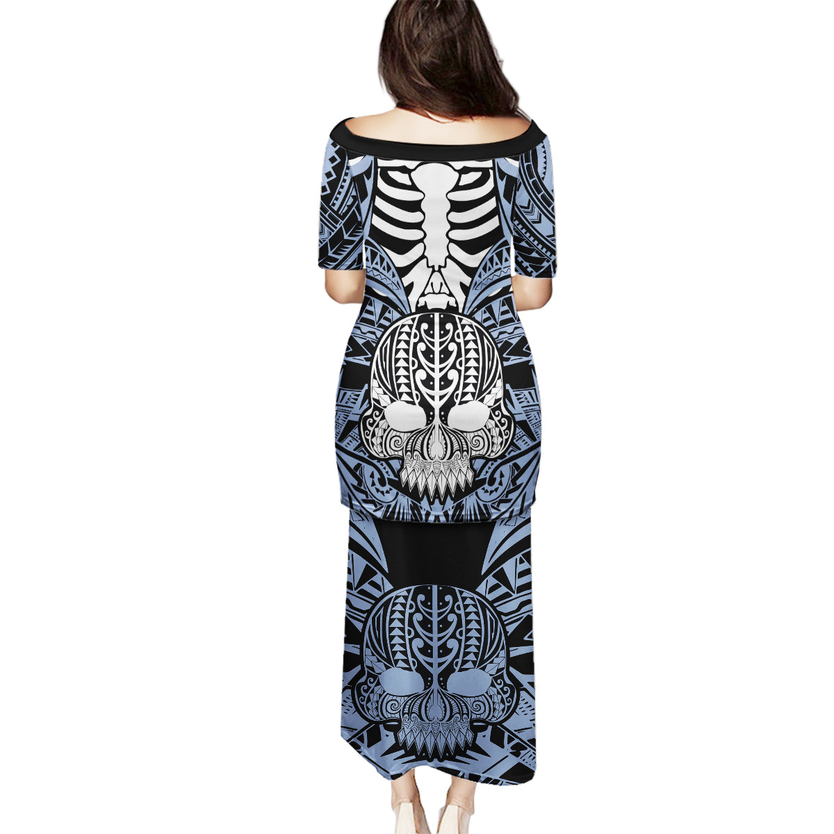 Personalised Polynesia Skull Family Matching Puletasi Dress and Hawaiian Shirt With Boars Tusk Blue Arty Vibe LT9 - Polynesian Pride