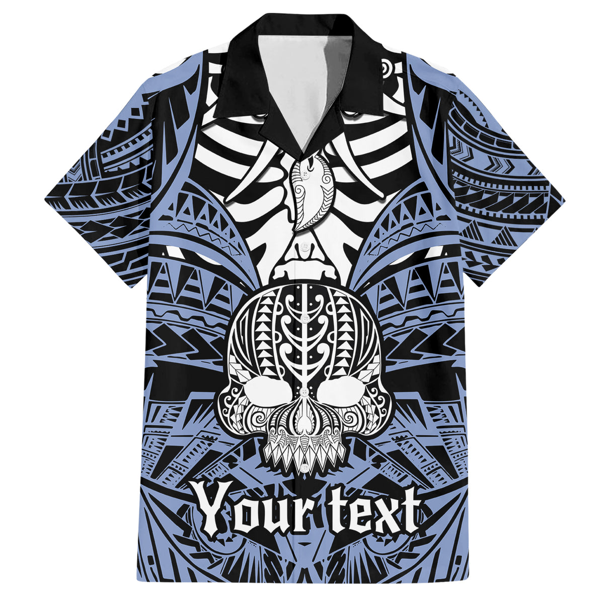 personalised-polynesia-skull-family-matching-short-sleeve-bodycon-dress-and-hawaiian-shirt-with-boars-tusk-blue-arty-vibe