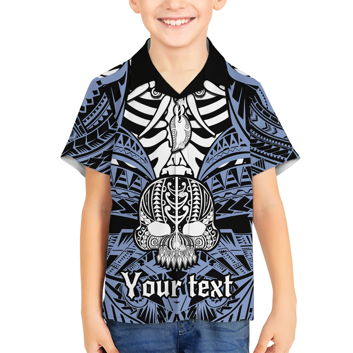 personalised-polynesia-skull-kid-hawaiian-shirt-with-boars-tusk-blue-arty-vibe