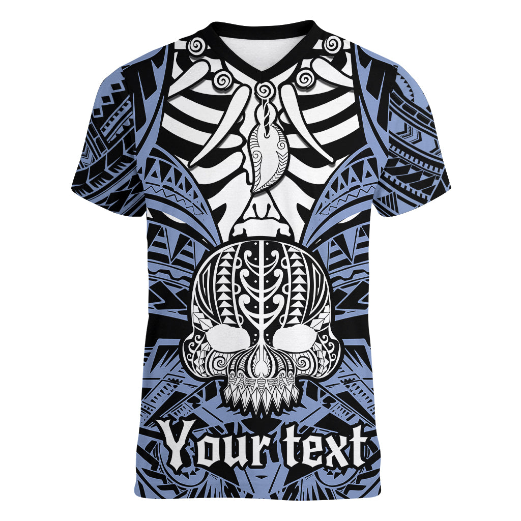 personalised-polynesia-skull-women-v-neck-t-shirt-with-boars-tusk-blue-arty-vibe