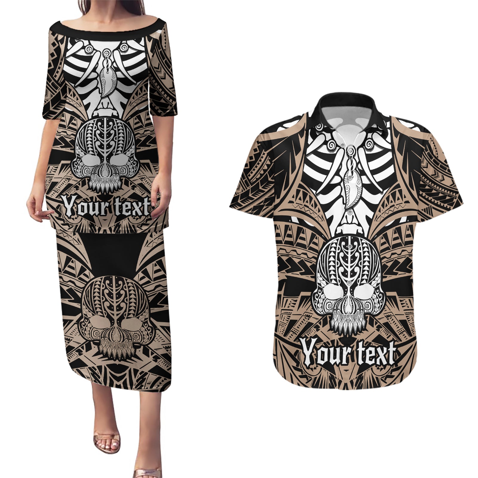 personalised-polynesia-skull-couples-matching-puletasi-dress-and-hawaiian-shirt-with-boars-tusk-gold-arty-vibe