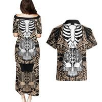 personalised-polynesia-skull-couples-matching-puletasi-dress-and-hawaiian-shirt-with-boars-tusk-gold-arty-vibe