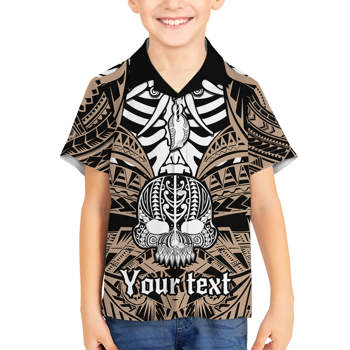 personalised-polynesia-skull-family-matching-off-shoulder-maxi-dress-and-hawaiian-shirt-with-boars-tusk-gold-arty-vibe