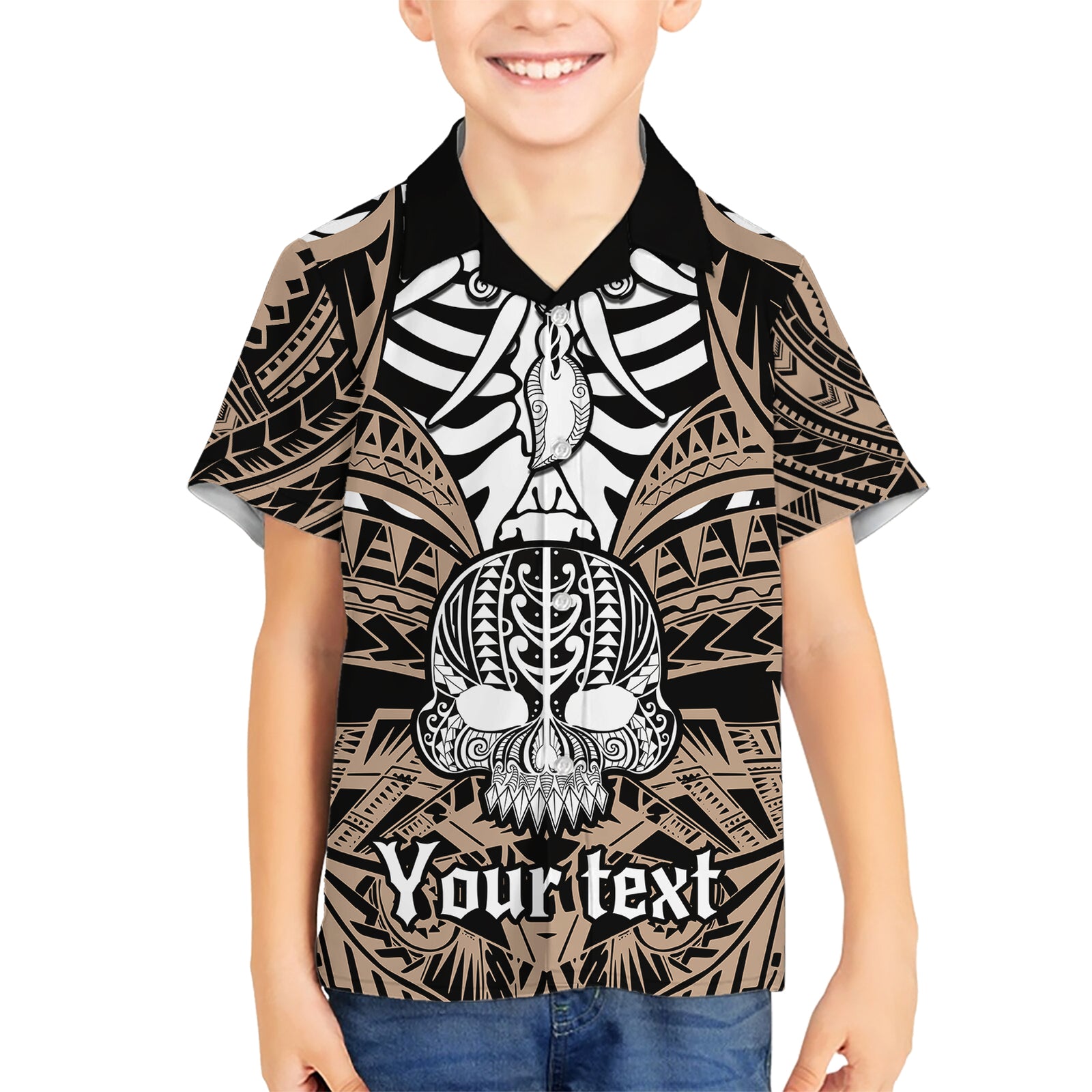 personalised-polynesia-skull-kid-hawaiian-shirt-with-boars-tusk-gold-arty-vibe