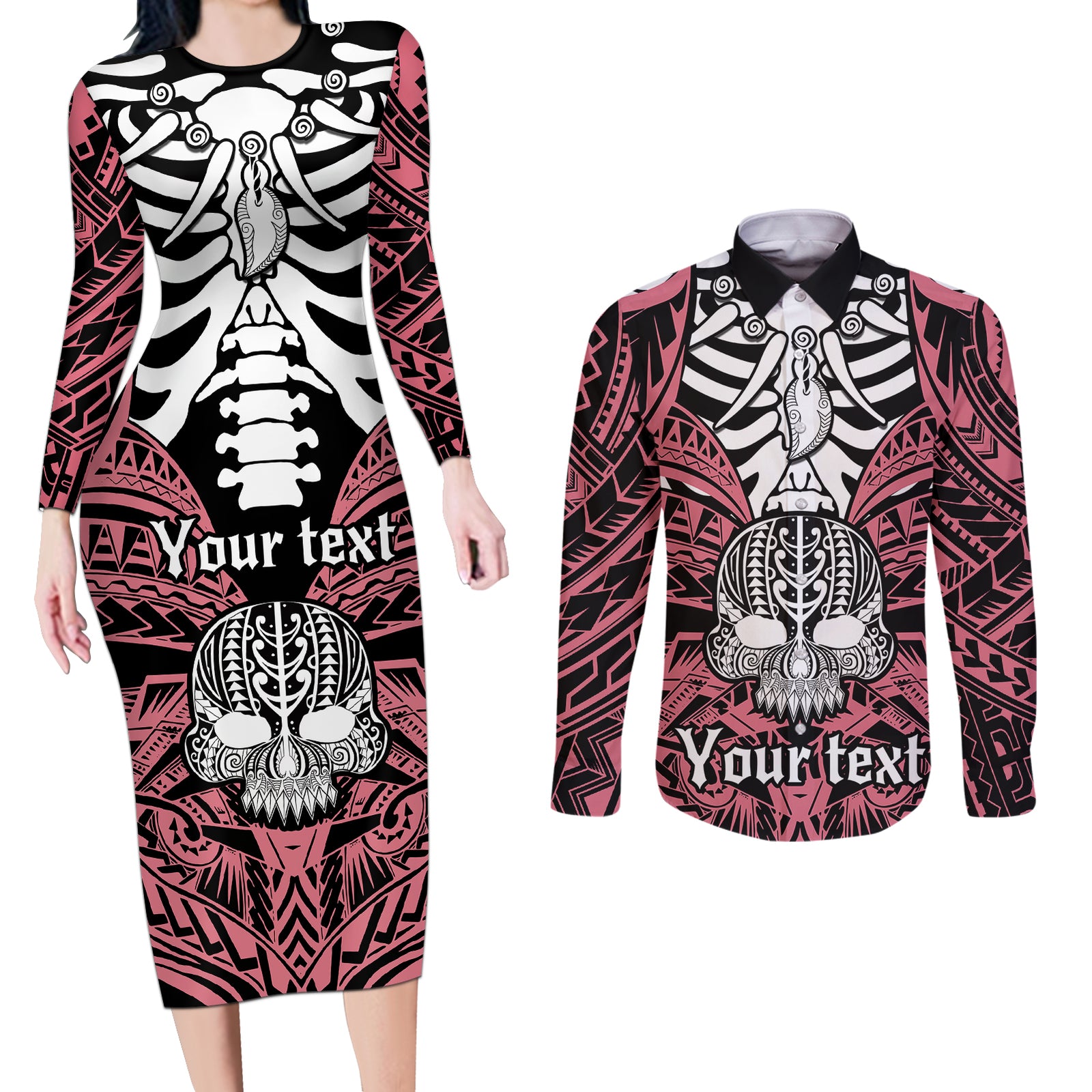 personalised-polynesia-skull-couples-matching-long-sleeve-bodycon-dress-and-long-sleeve-button-shirts-with-boars-tusk-pink-arty-vibe