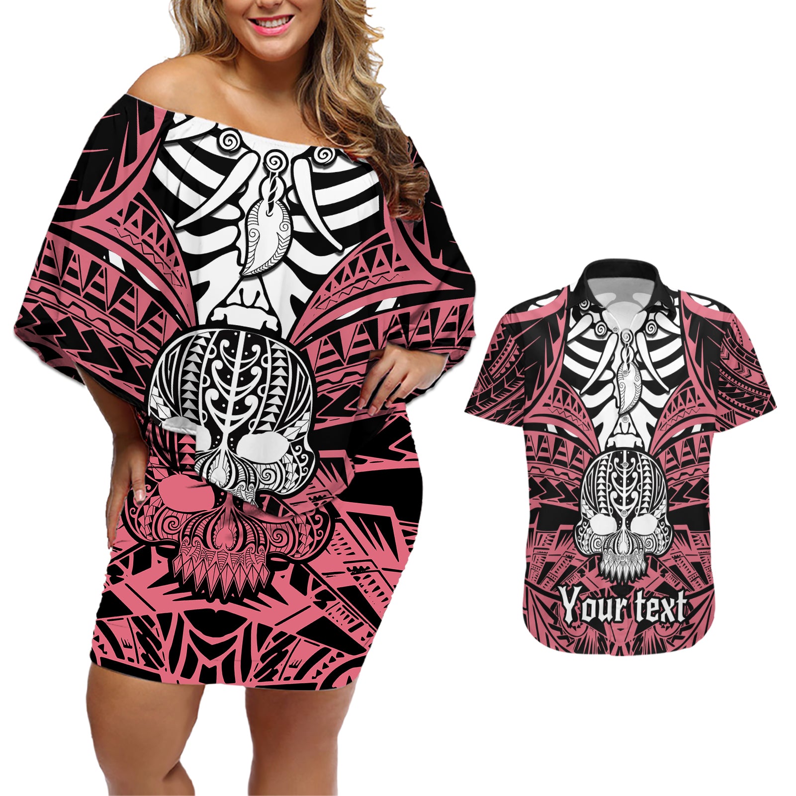 personalised-polynesia-skull-couples-matching-off-shoulder-short-dress-and-hawaiian-shirt-with-boars-tusk-pink-arty-vibe