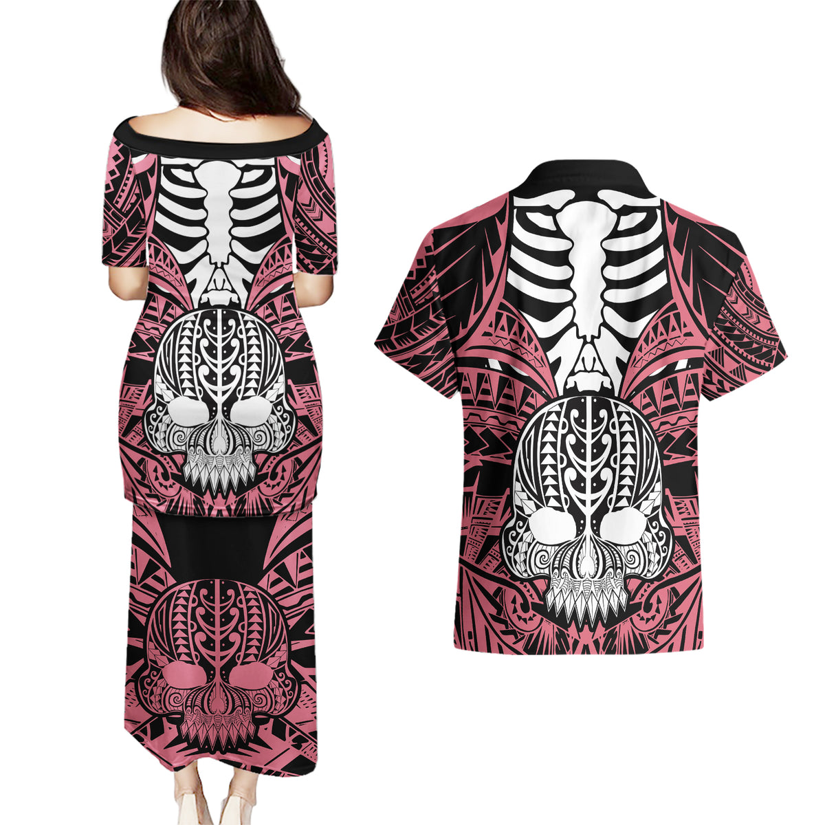 personalised-polynesia-skull-couples-matching-puletasi-dress-and-hawaiian-shirt-with-boars-tusk-pink-arty-vibe