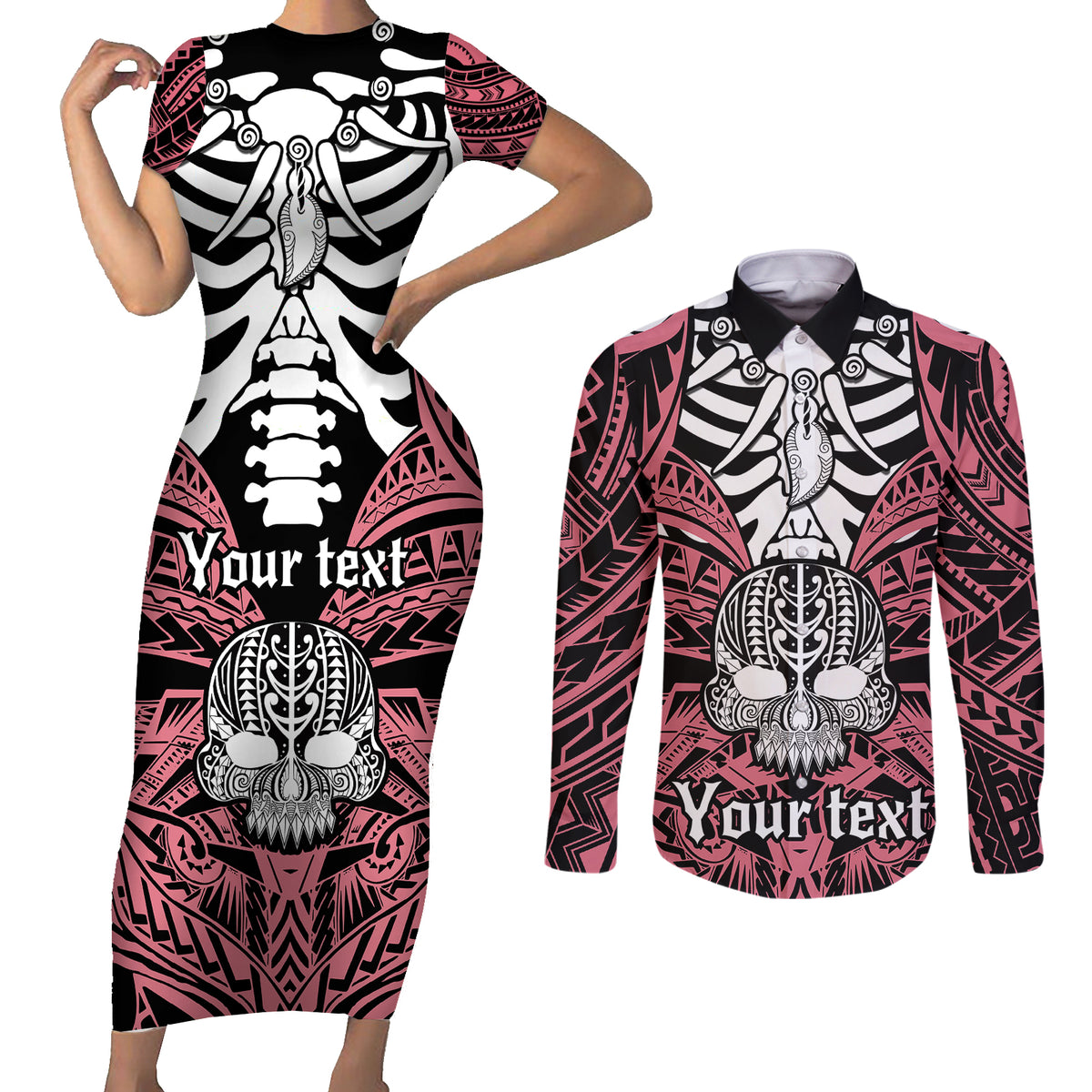 Personalised Polynesia Skull Couples Matching Short Sleeve Bodycon Dress and Long Sleeve Button Shirts With Boars Tusk Pink Arty Vibe LT9 Pink - Polynesian Pride