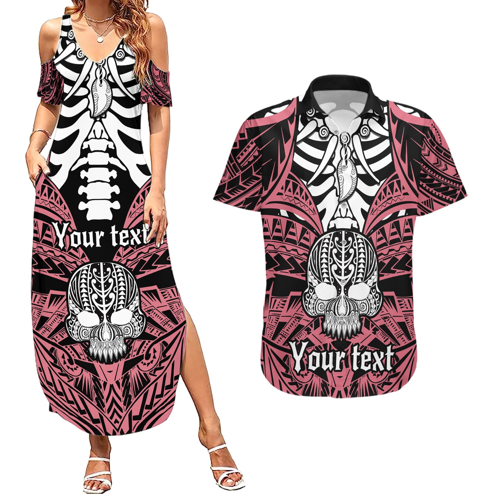 personalised-polynesia-skull-couples-matching-summer-maxi-dress-and-hawaiian-shirt-with-boars-tusk-pink-arty-vibe