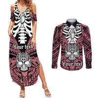 personalised-polynesia-skull-couples-matching-summer-maxi-dress-and-long-sleeve-button-shirts-with-boars-tusk-pink-arty-vibe