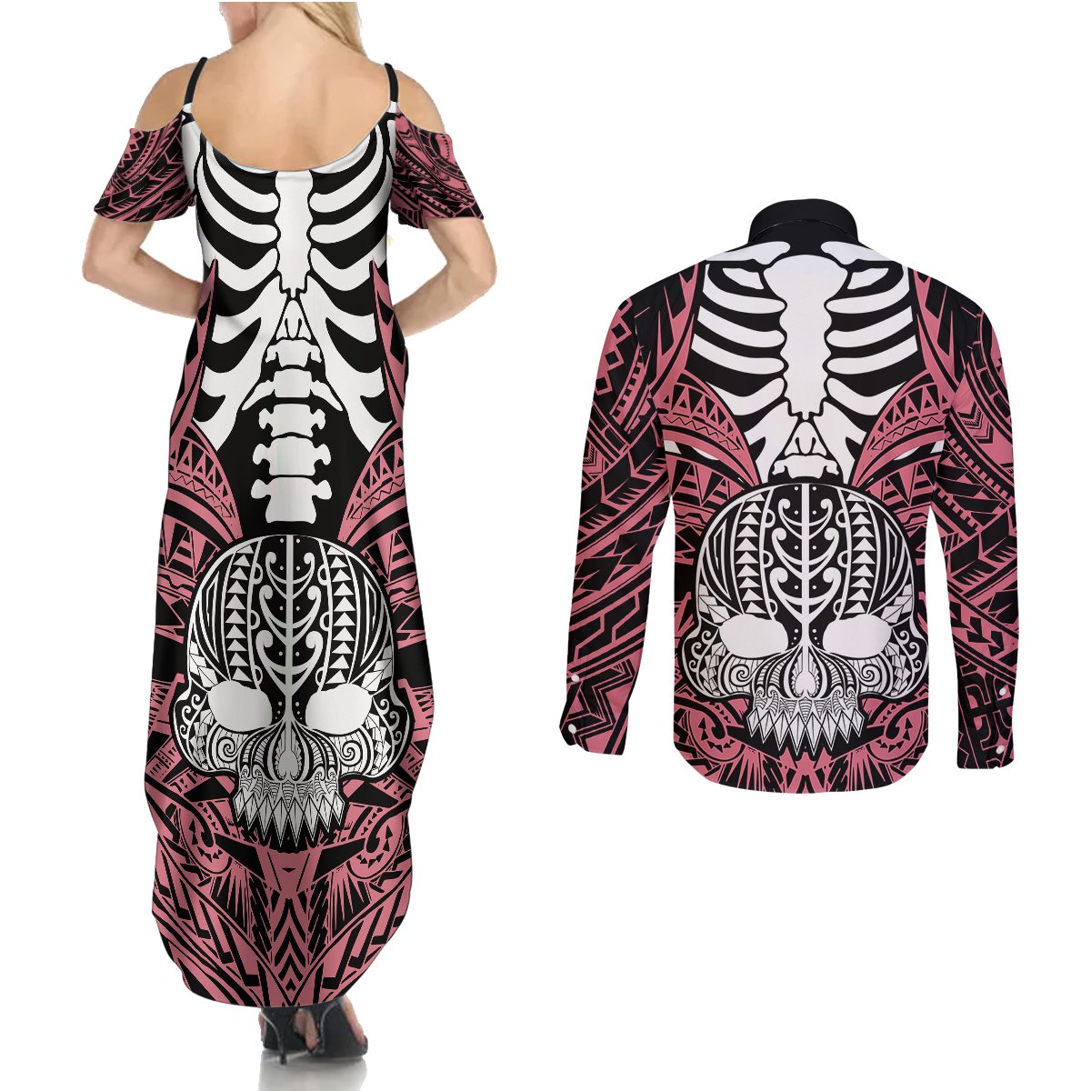 personalised-polynesia-skull-couples-matching-summer-maxi-dress-and-long-sleeve-button-shirts-with-boars-tusk-pink-arty-vibe