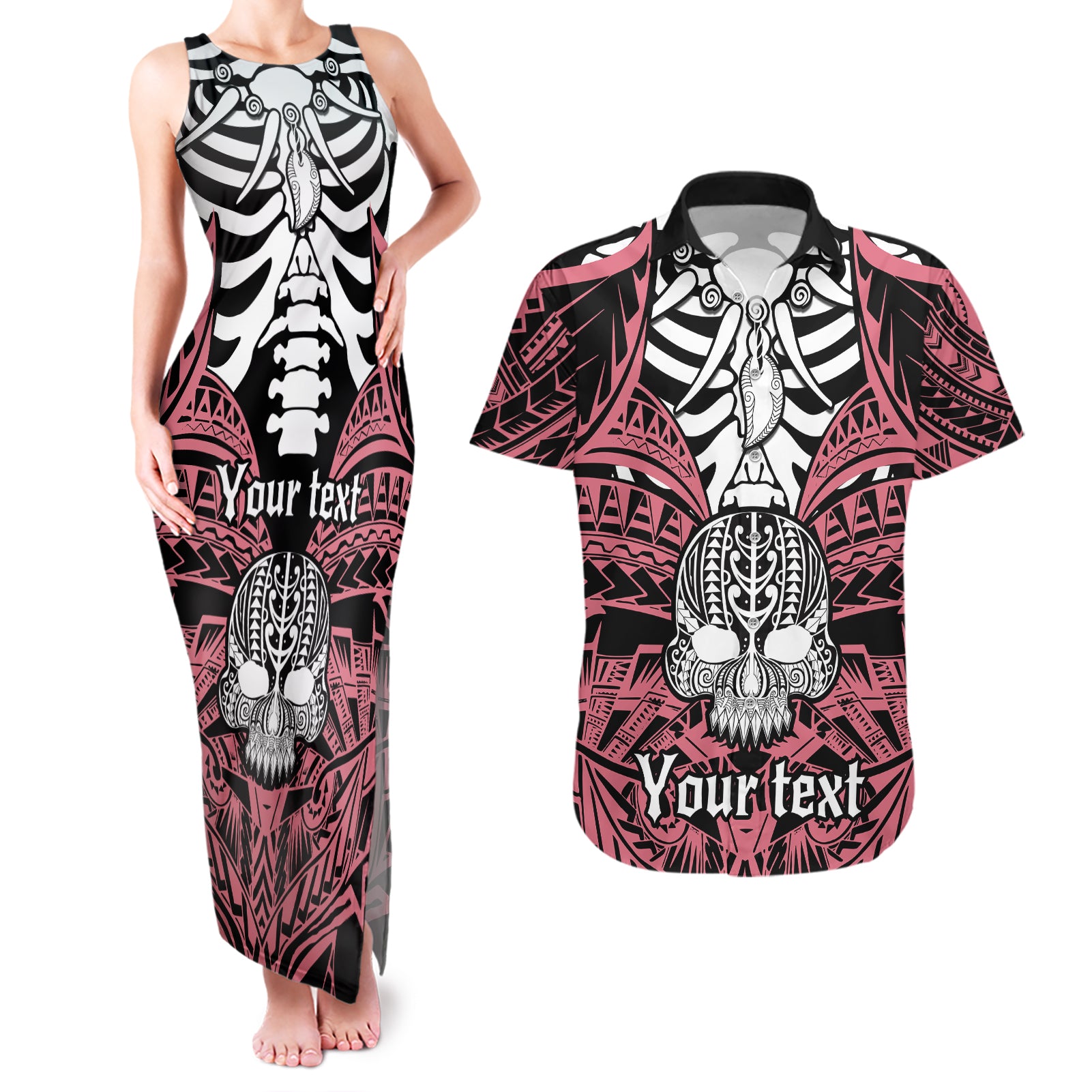 personalised-polynesia-skull-couples-matching-tank-maxi-dress-and-hawaiian-shirt-with-boars-tusk-pink-arty-vibe