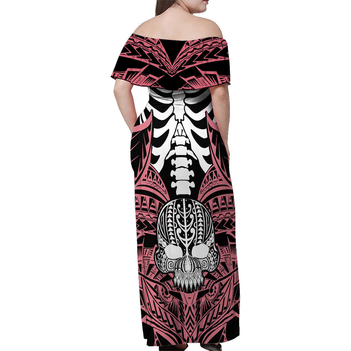 personalised-polynesia-skull-family-matching-off-shoulder-maxi-dress-and-hawaiian-shirt-with-boars-tusk-pink-arty-vibe