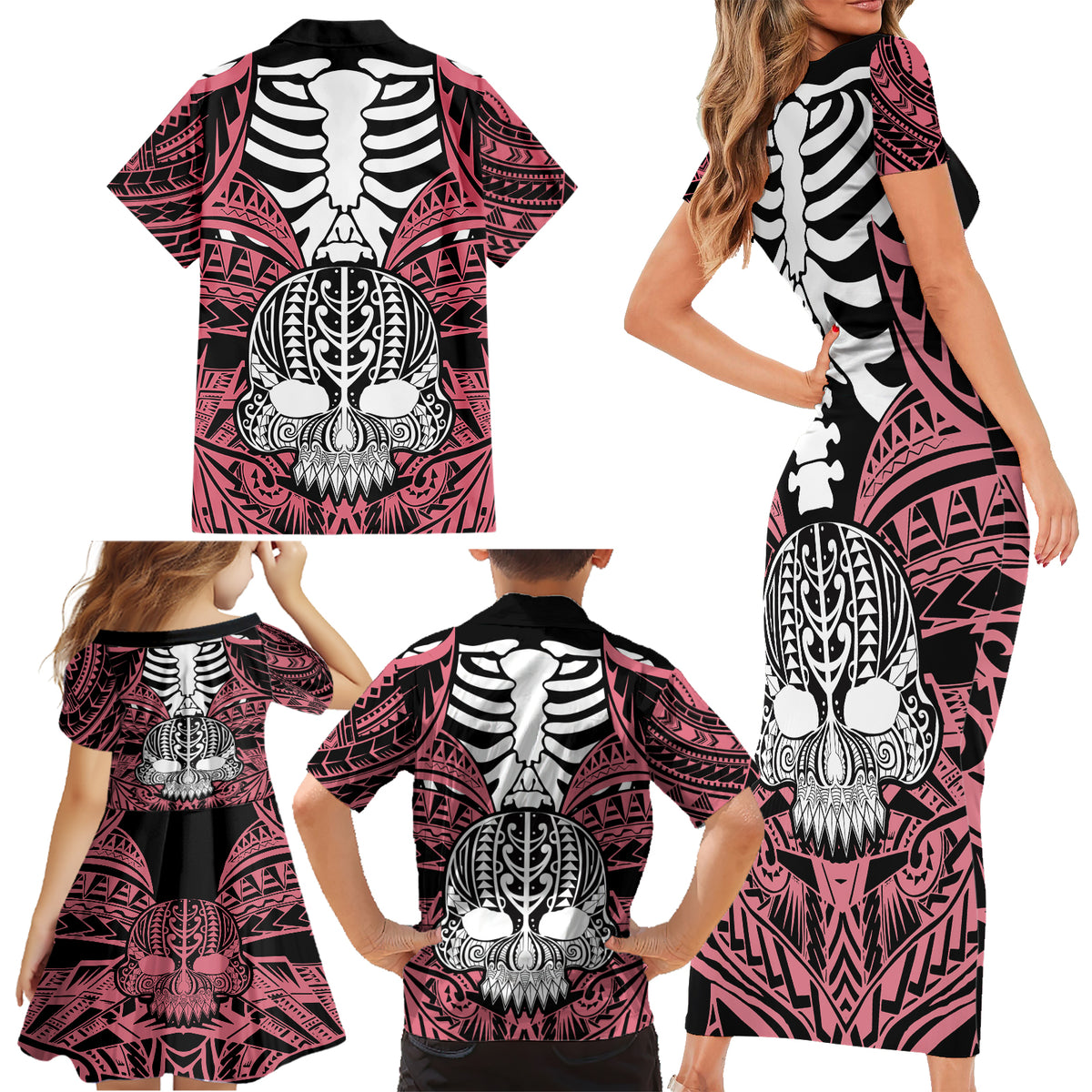 personalised-polynesia-skull-family-matching-short-sleeve-bodycon-dress-and-hawaiian-shirt-with-boars-tusk-pink-arty-vibe
