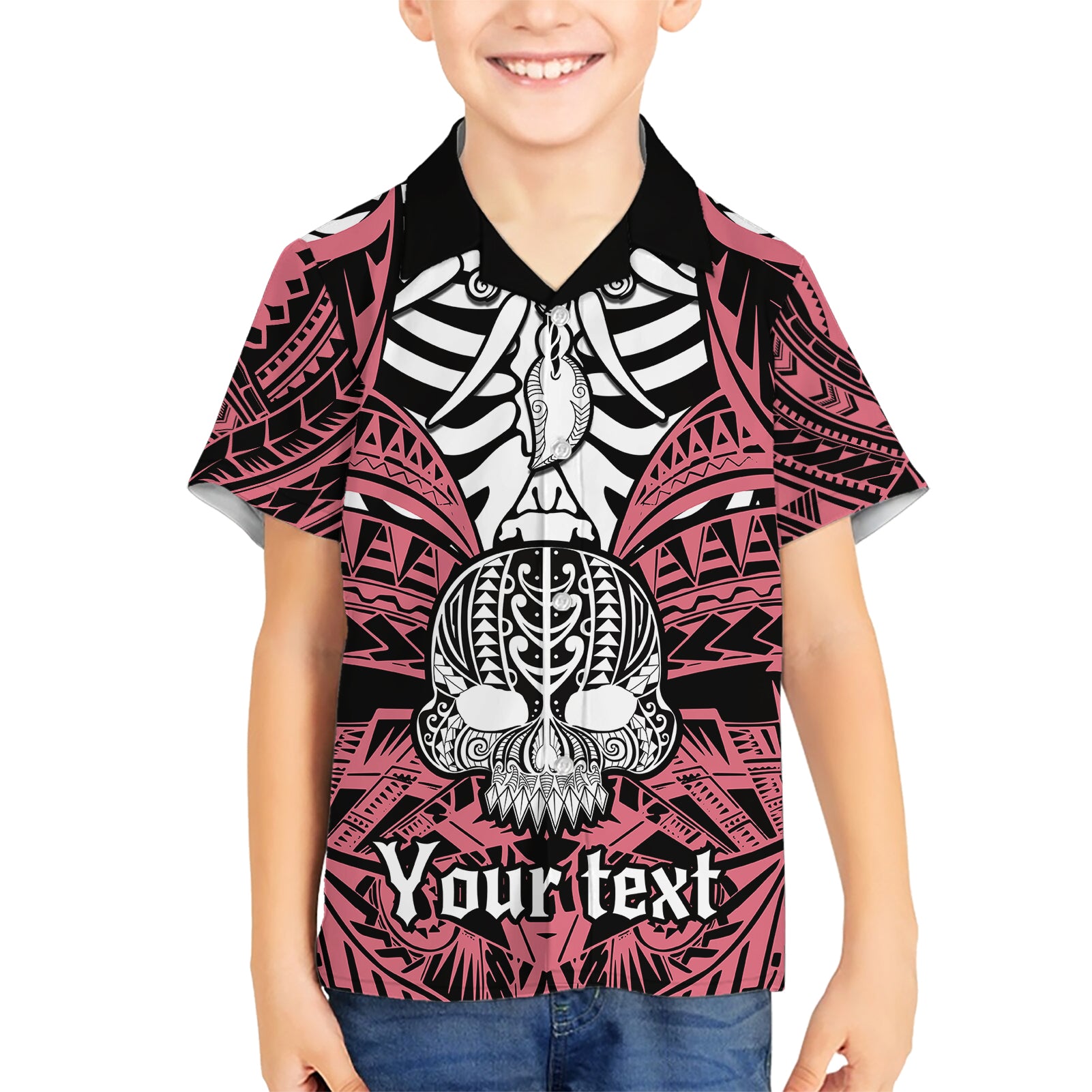 personalised-polynesia-skull-kid-hawaiian-shirt-with-boars-tusk-pink-arty-vibe