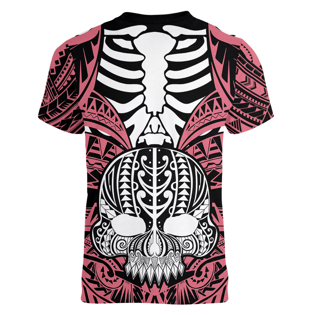 personalised-polynesia-skull-women-v-neck-t-shirt-with-boars-tusk-pink-arty-vibe