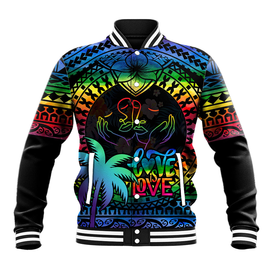 Personalised Fiji LGBT Baseball Jacket Love Is Love Tapa Pattern Rainbow Water Color LT9 Unisex Black - Polynesian Pride