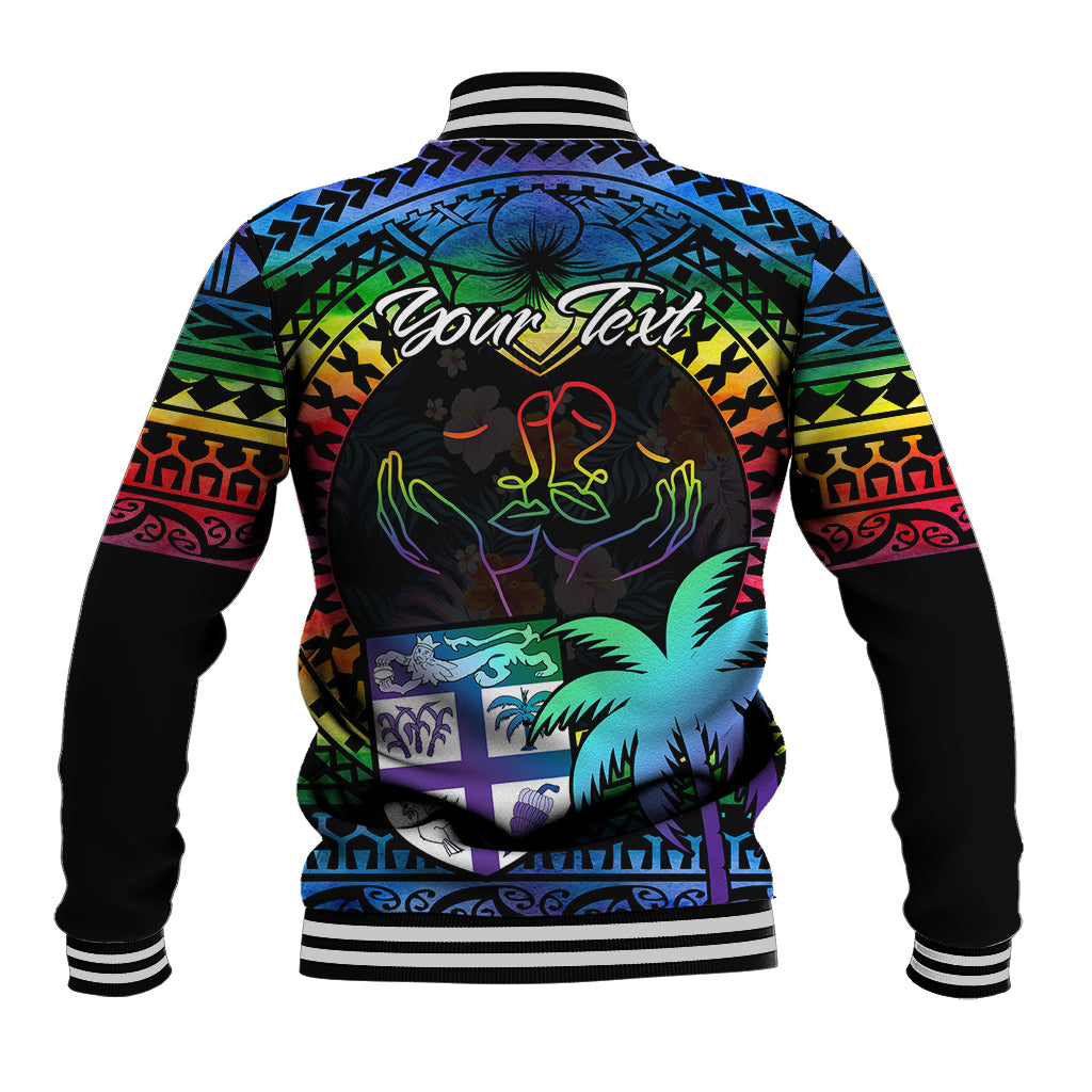 Personalised Fiji LGBT Baseball Jacket Love Is Love Tapa Pattern Rainbow Water Color LT9 - Polynesian Pride