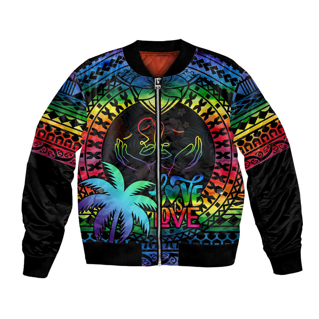 Personalised Fiji LGBT Bomber Jacket Love Is Love Tapa Pattern Rainbow Water Color LT9 Unisex Black - Polynesian Pride
