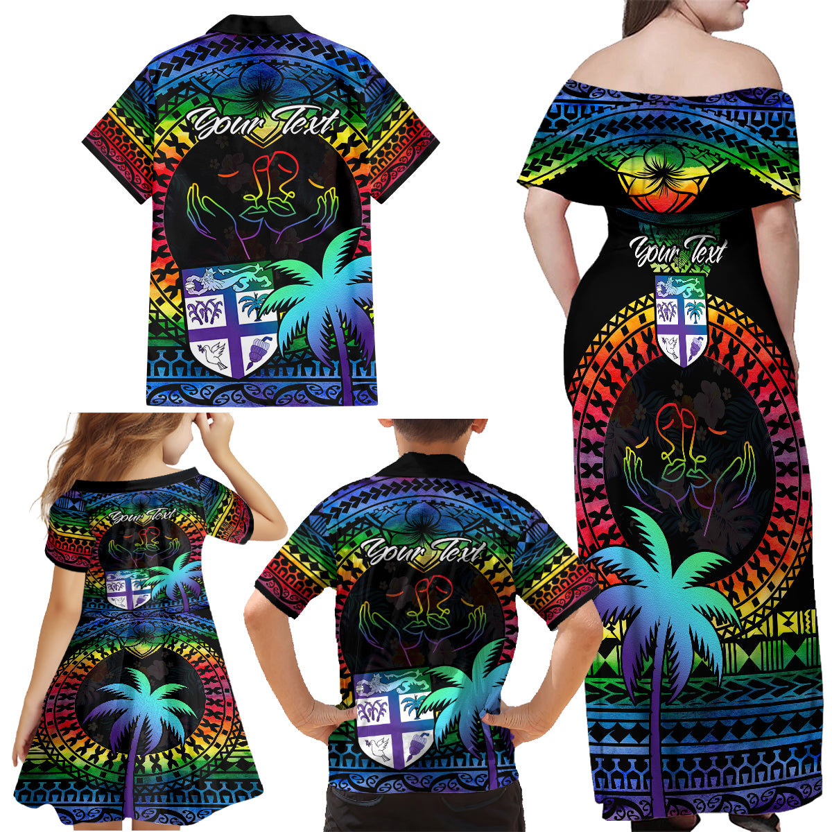 personalised-fiji-lgbt-family-matching-off-shoulder-maxi-dress-and-hawaiian-shirt-love-is-love-tapa-pattern-rainbow-water-color