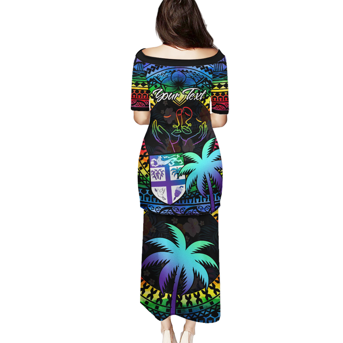 Personalised Fiji LGBT Family Matching Puletasi Dress and Hawaiian Shirt Love Is Love Tapa Pattern Rainbow Water Color LT9 - Polynesian Pride