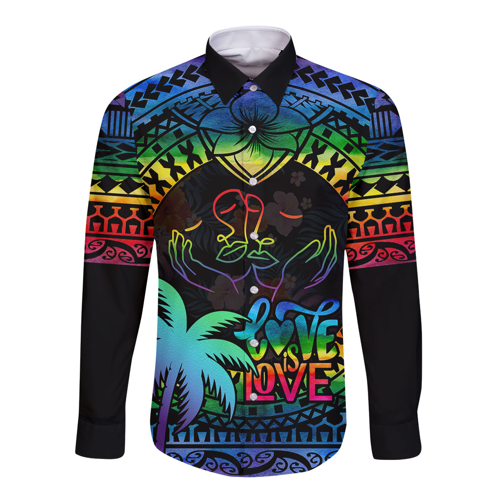 personalised-fiji-lgbt-long-sleeve-button-shirt-love-is-love-tapa-pattern-rainbow-water-color
