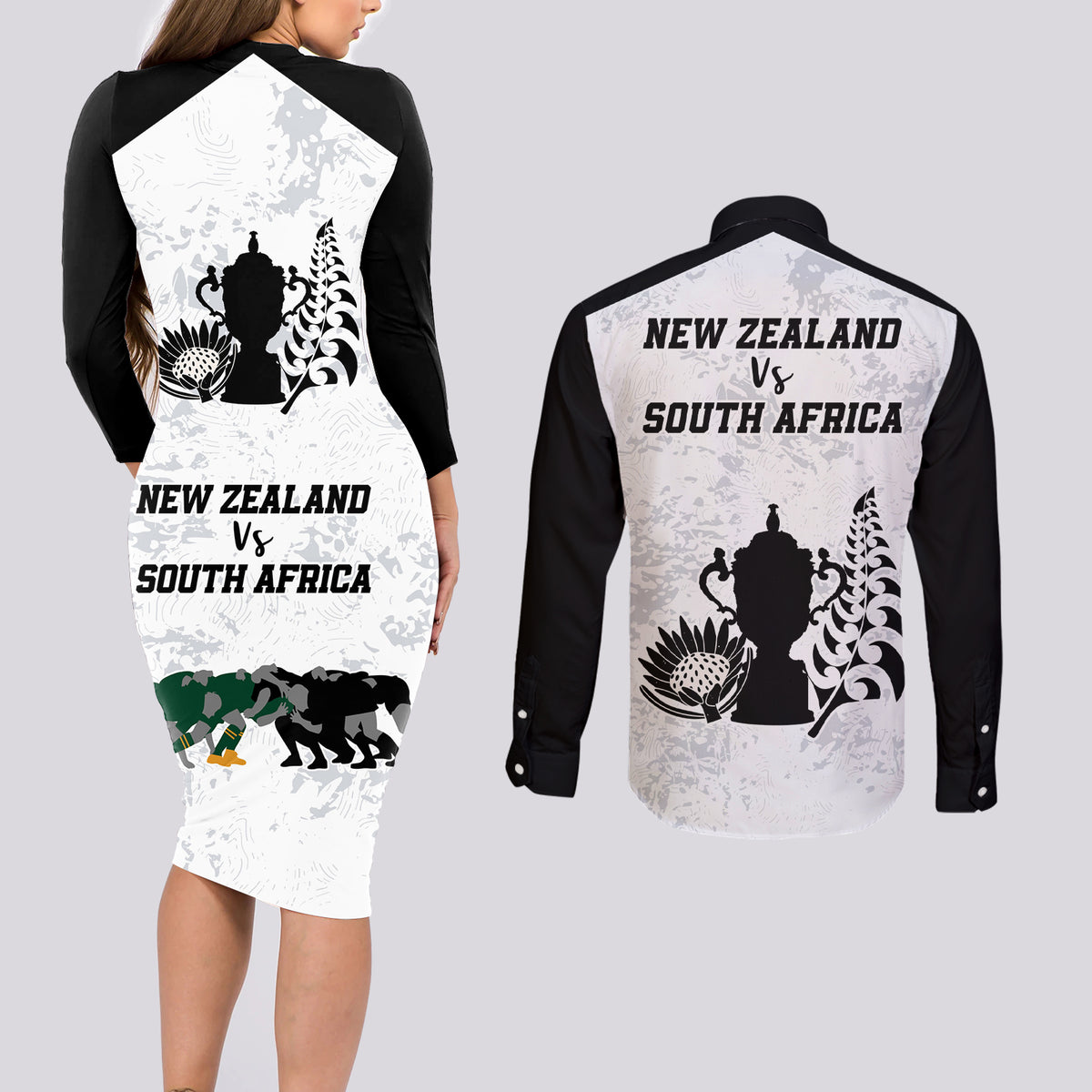 New Zealand South Africa Rugby Couples Matching Long Sleeve Bodycon Dress and Long Sleeve Button Shirt History Commemorative World Cup Winners Unique LT9 - Polynesian Pride