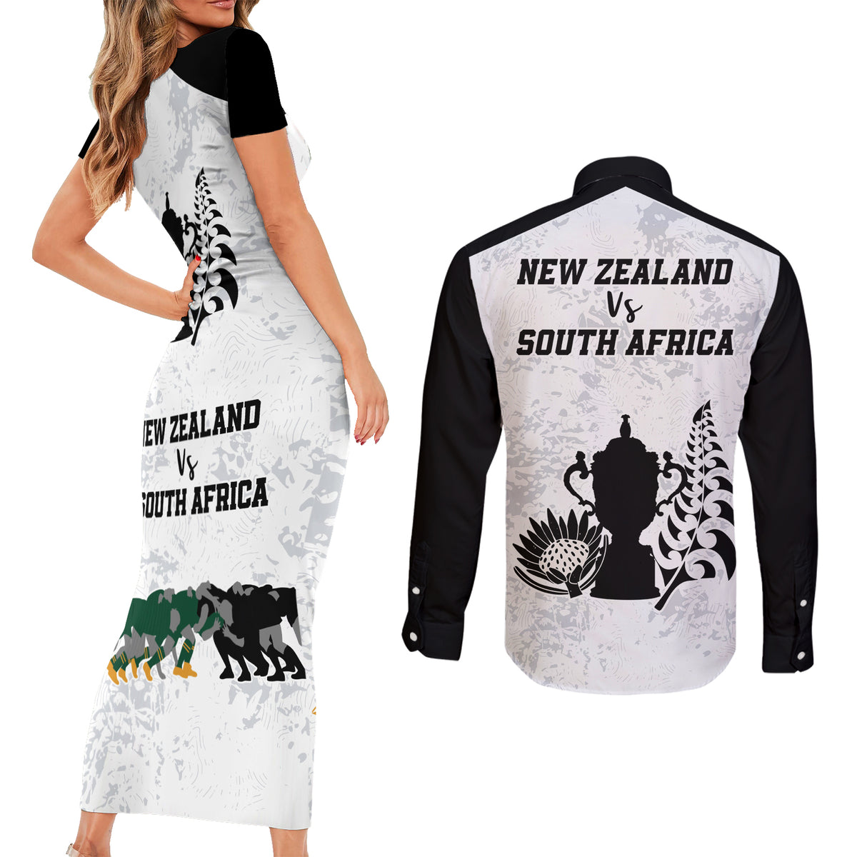 New Zealand South Africa Rugby Couples Matching Short Sleeve Bodycon Dress and Long Sleeve Button Shirt History Commemorative World Cup Winners Unique LT9 - Polynesian Pride