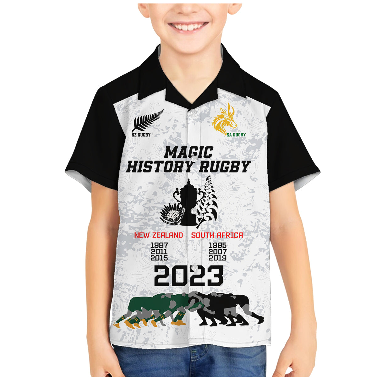 New Zealand South Africa Rugby Family Matching Mermaid Dress and Hawaiian Shirt History Commemorative World Cup Winners Unique LT9 Son's Shirt White - Polynesian Pride