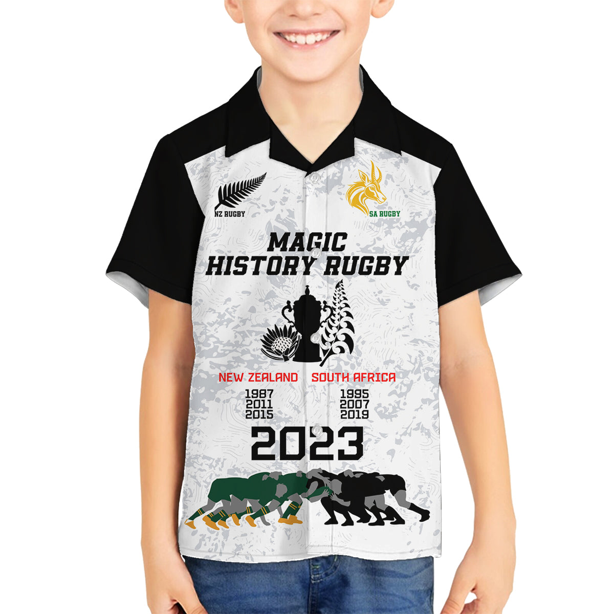New Zealand South Africa Rugby Family Matching Summer Maxi Dress and Hawaiian Shirt History Commemorative World Cup Winners Unique LT9 Son's Shirt White - Polynesian Pride