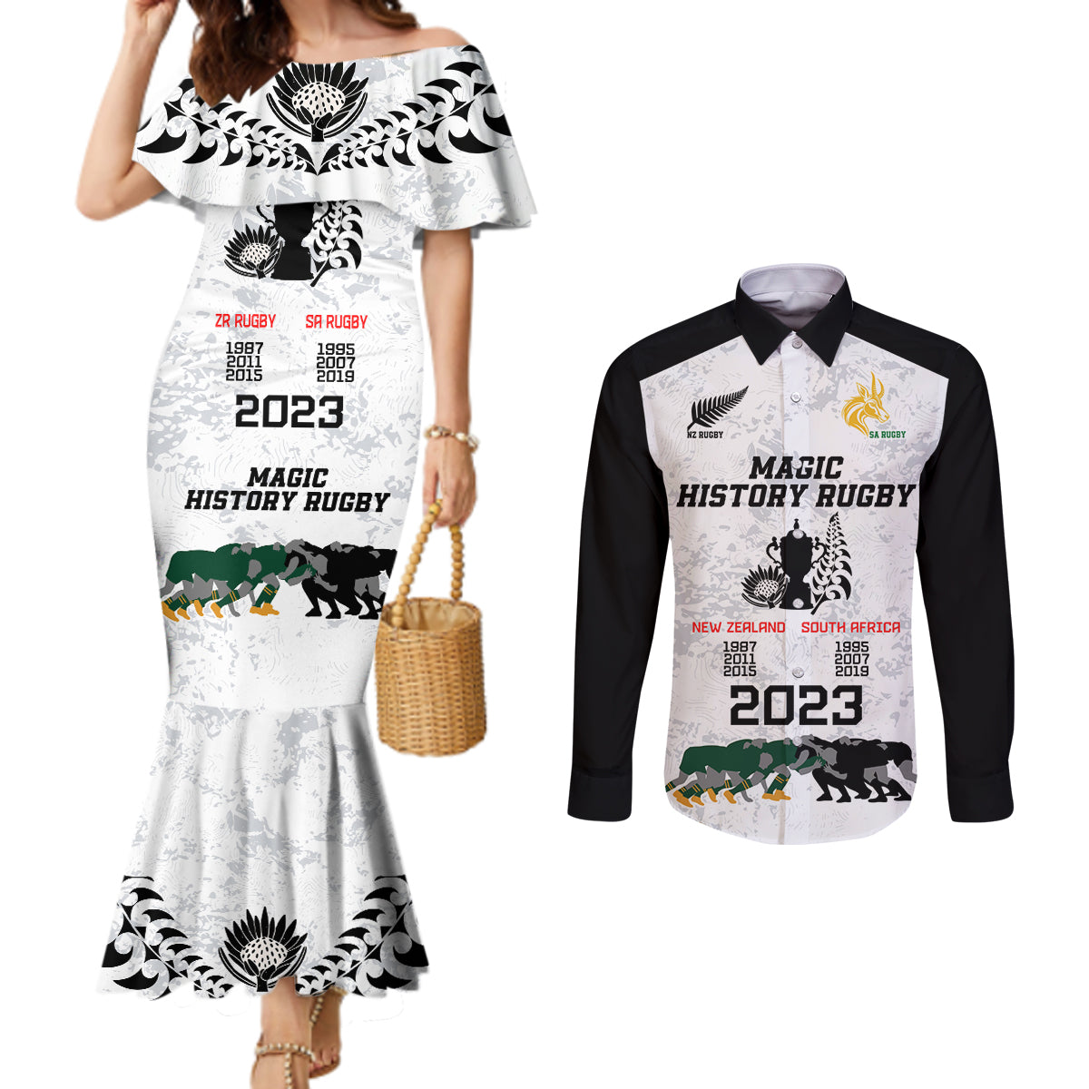 Custom New Zealand South Africa Rugby Couples Matching Mermaid Dress and Long Sleeve Button Shirt History Commemorative World Cup Winners Unique LT9 White - Polynesian Pride