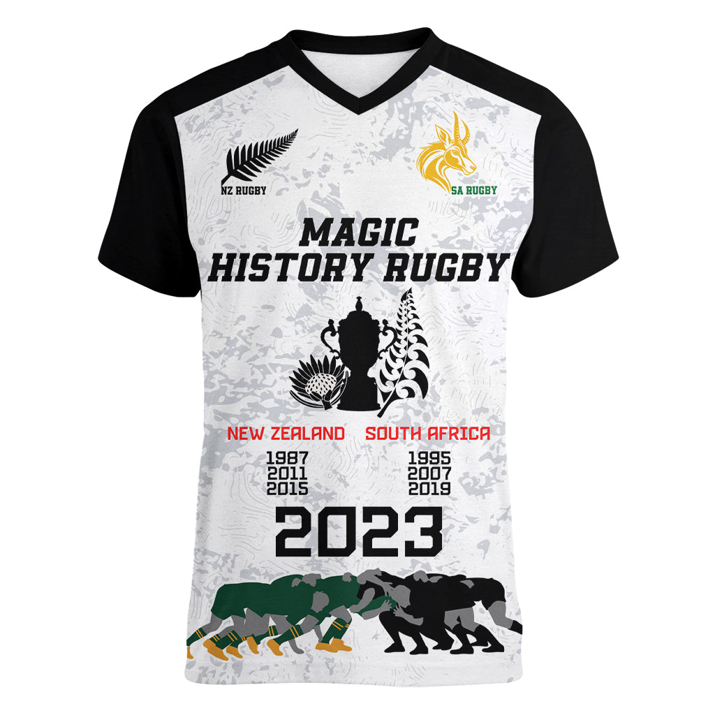 Custom New Zealand South Africa Rugby Women V Neck T Shirt History Commemorative World Cup Winners Unique LT9 Female White - Polynesian Pride