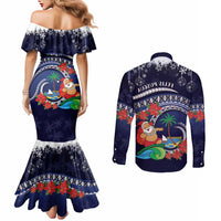 Felis Pusgua Guam Santa Couples Matching Mermaid Dress and Long Sleeve Button Shirt Merry Christmas with Polynesian Tribal