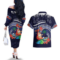 Felis Pusgua Guam Santa Couples Matching Off The Shoulder Long Sleeve Dress and Hawaiian Shirt Merry Christmas with Polynesian Tribal