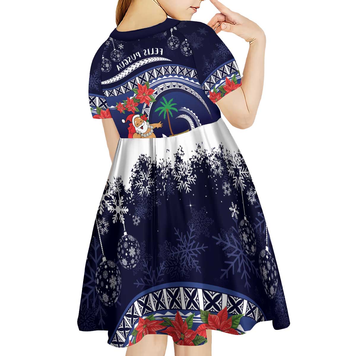 Felis Pusgua Guam Santa Kid Short Sleeve Dress Merry Christmas with Polynesian Tribal