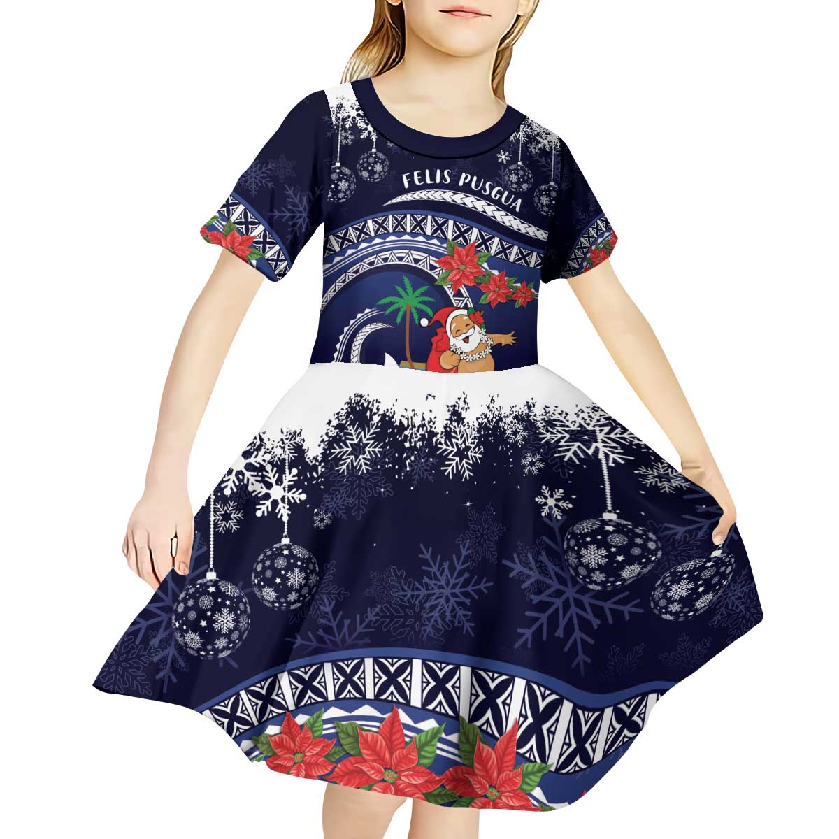 Felis Pusgua Guam Santa Kid Short Sleeve Dress Merry Christmas with Polynesian Tribal