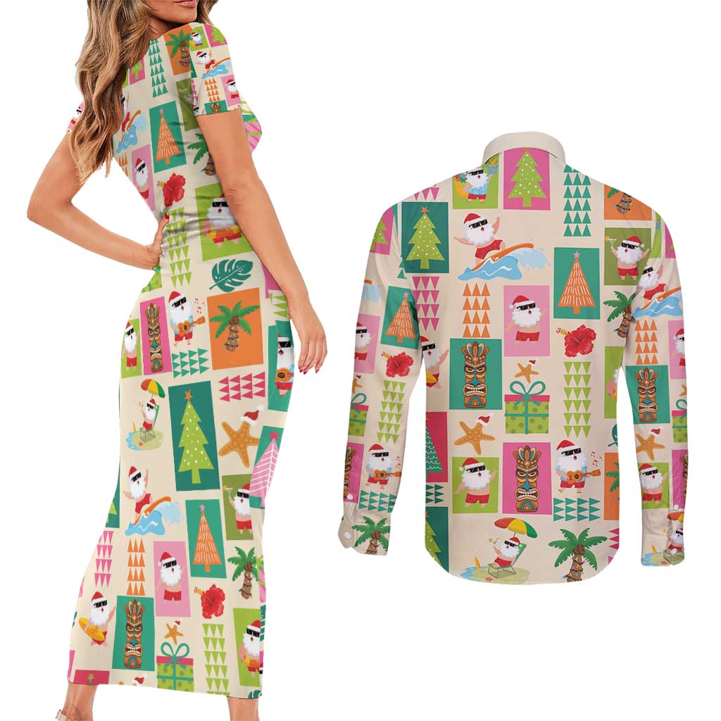 Mele Kalikimaka Hawaii Christmas Couples Matching Short Sleeve Bodycon Dress and Long Sleeve Button Shirt Funny Santan Hippie Style